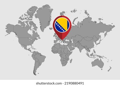 Pin map with Bosnia and Herzegovina flag on world map. Vector illustration.