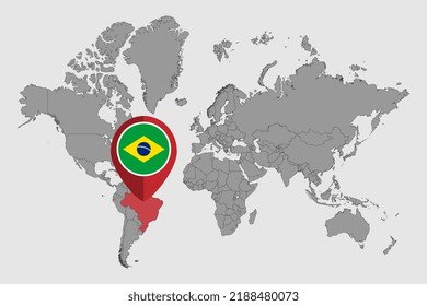 Mapa de pines con la bandera de Brasil en el mapa del mundo.Ilustración vectorial.
