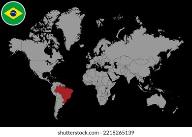 Mapa de pines con la bandera de Brasil en el mapa del mundo.Ilustración vectorial.