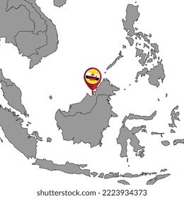 Pin-Karte mit Brunei-Flagge auf der Weltkarte. Vektorgrafik.