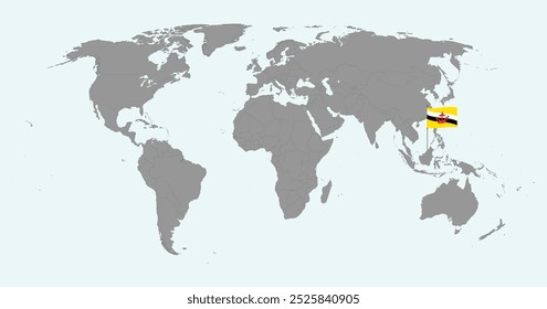 Fijar el mapa con la bandera de Brunéi en el mapa mundial. Ilustración vectorial.