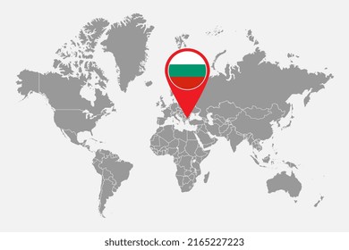Pin map with Bulgaria flag on world map. Vector illustration.