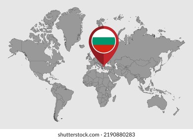 Pin map with Bulgaria flag on world map. Vector illustration.