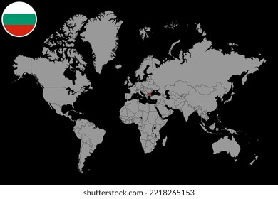 Pin map with Bulgaria flag on world map. Vector illustration.