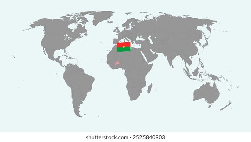 Mapa do pino com a bandeira de Burkina Faso no mapa do mundo. Ilustração vetorial.