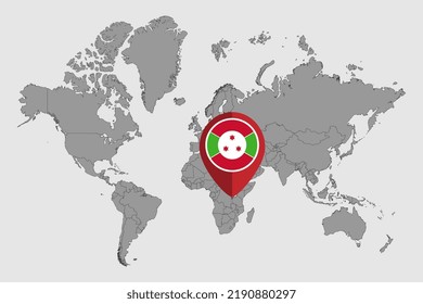 Pin map with Burundi flag on world map. Vector illustration.