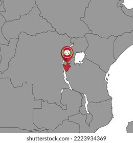 Pin map with Burundi flag on world map. Vector illustration.