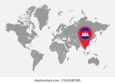 Pin map with Cambodia flag on world map. Vector illustration.