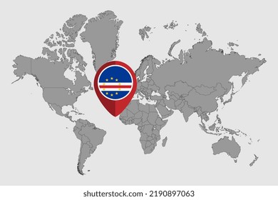 Pin map with Cape Verde flag on world map. Vector illustration.