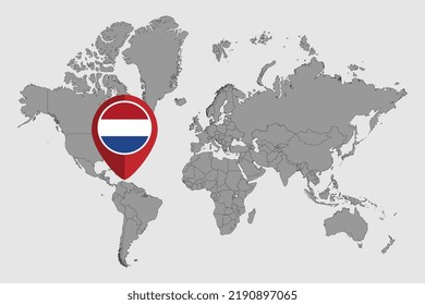 Pin map with Caribbean Netherlands flag on world map. Vector illustration.