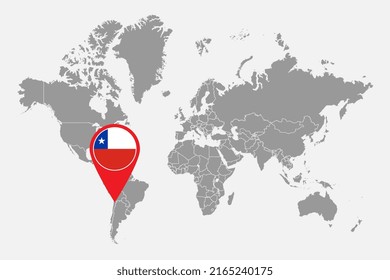 Pin map with Chile flag on world map. Vector illustration.