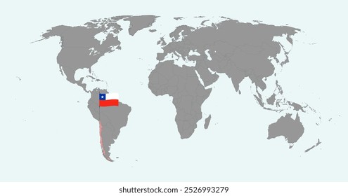 Mapa do pino com a bandeira do Chile no mapa do mundo. Ilustração vetorial.