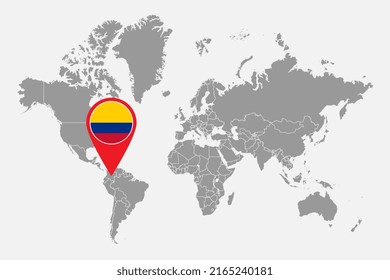Mapa con la bandera de Colombia en el mapa del mundo. Ilustración vectorial.