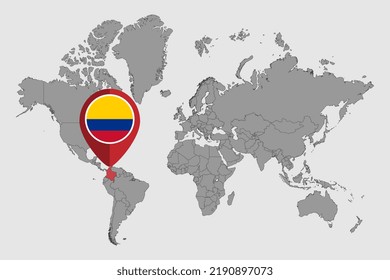 Pin map with Colombia flag on world map. Vector illustration.