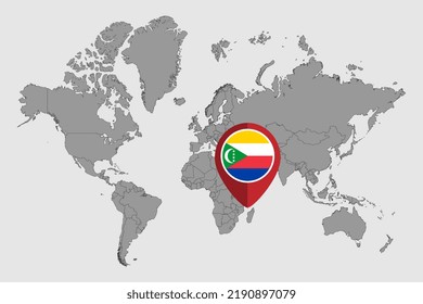 Pin map with Comoros flag on world map. Vector illustration.