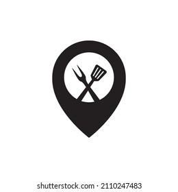 pin map cross spatula with meat fork logo design, vector graphic symbol icon sign illustration