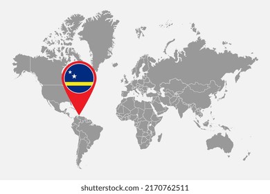 Pin-Karte mit Curacao-Flagge auf der Weltkarte. Vektorgrafik.