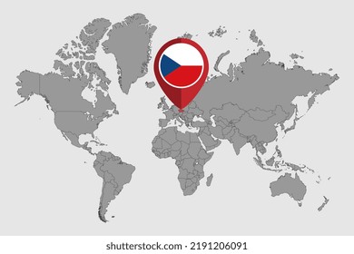 Pin map with Czech Republic flag on world map. Vector illustration.