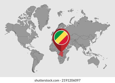 Pin map with Democratic Republic of the Congo flag on world map. Vector illustration.