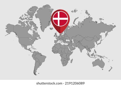 Mapa de pines con la bandera de Dinamarca en el mapa mundial. Ilustración vectorial.
