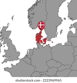 Pin map with Denmark flag on world map. Vector illustration.