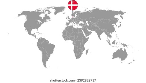 Pin map with Denmark flag on world map. Vector illustration.