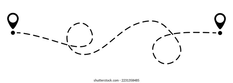 Ruta de línea punteada del mapa de pines. Indicadores de navegación. Signo de destino. Ilustración vectorial aislada en blanco.