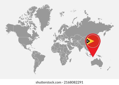 Pin map with East Timor flag on world map. Vector illustration.