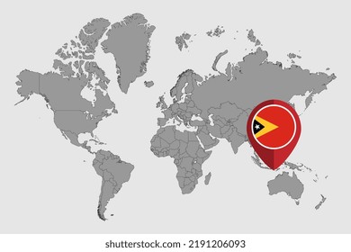 Pin map with East Timor flag on world map. Vector illustration.