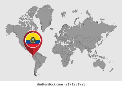 Pin-Karte mit Ecuador Flagge auf der Weltkarte. Vektorgrafik.