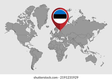 Mapa con la bandera de Estonia en el mapa del mundo. Ilustración vectorial.