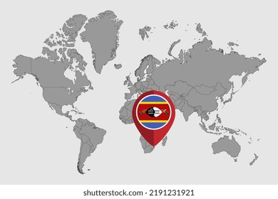 Karte mit Eswatini Flagge auf der Weltkarte. Vektorgrafik.