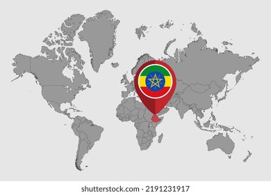 Pin map with Ethiopia flag on world map. Vector illustration.