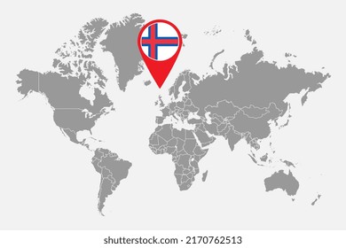 Pin map with Faroe Islands flag on world map. Vector illustration.