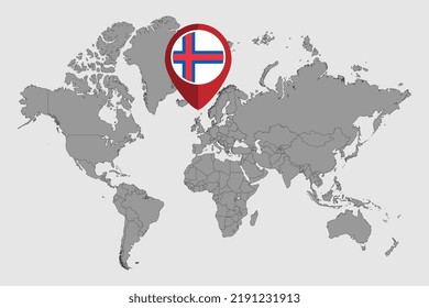 Pin map with Faroe Islands flag on world map. Vector illustration.