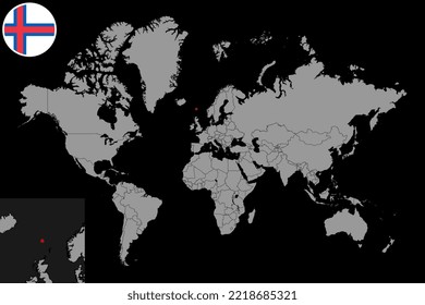 Pin map with Faroe Islands flag on world map. Vector illustration.