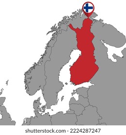 Mapa de pines con la bandera de Finlandia en el mapa mundial.Ilustración vectorial.