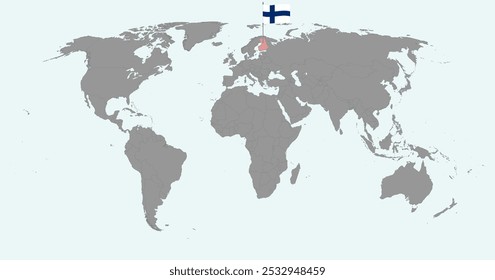 Mapa do pino com bandeira da Finlândia no mapa do mundo. Ilustração vetorial.