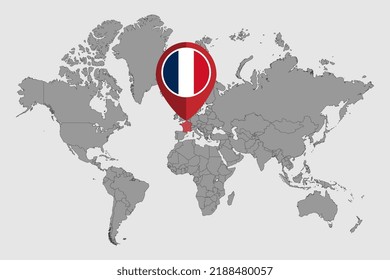 Pin map with France flag on world map.Vector illustration.