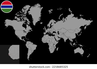 Pin map with Gambia flag on world map. Vector illustration.