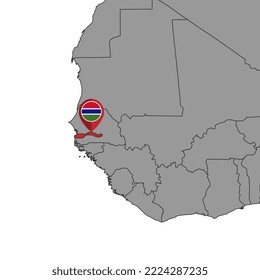 Pin map with Gambia flag on world map. Vector illustration.