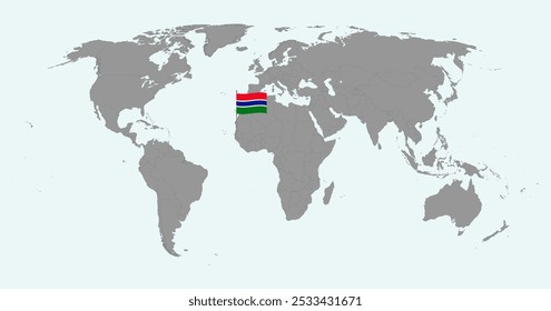 Fijar el mapa con la bandera de Gambia en el mapa mundial. Ilustración vectorial.