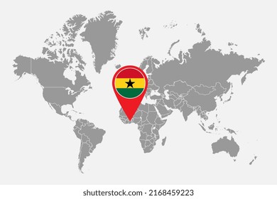 Pin map with Ghana flag on world map. Vector illustration.