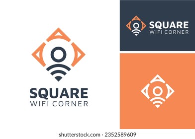 Pin Map GPS Location with Wi Fi signal, square corner with Wi-Fi frequency for wireless internet connection place logo design