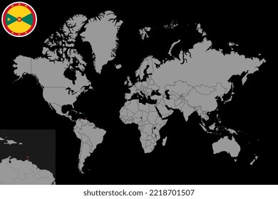 Pin map with Grenada flag on world map. Vector illustration.