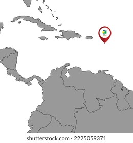 Mapa de pines con la bandera de Guadalupe en el mapa del mundo. Ilustración vectorial.
