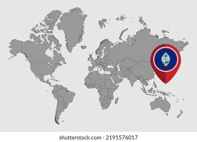 Pin map with Guam flag on world map. Vector illustration.