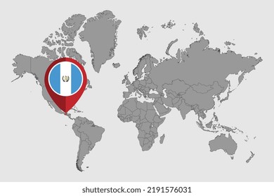 Pin map with Guatemala flag on world map. Vector illustration.