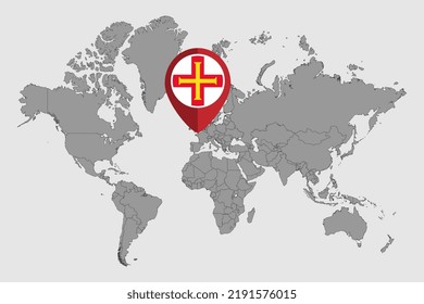 Pin map with Guernsey flag on world map. Vector illustration.
