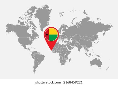 Mapa con la bandera de Guinea-Bissau en el mapa del mundo. Ilustración vectorial.